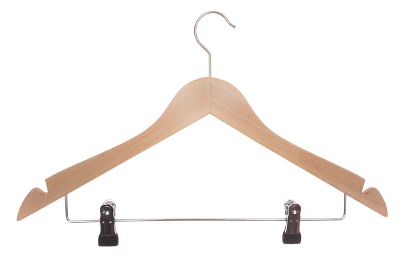 Kleiderbügel aus Holz, Deltabügel, gewinkelt  Ausführung, Metallsteg mit Kerben